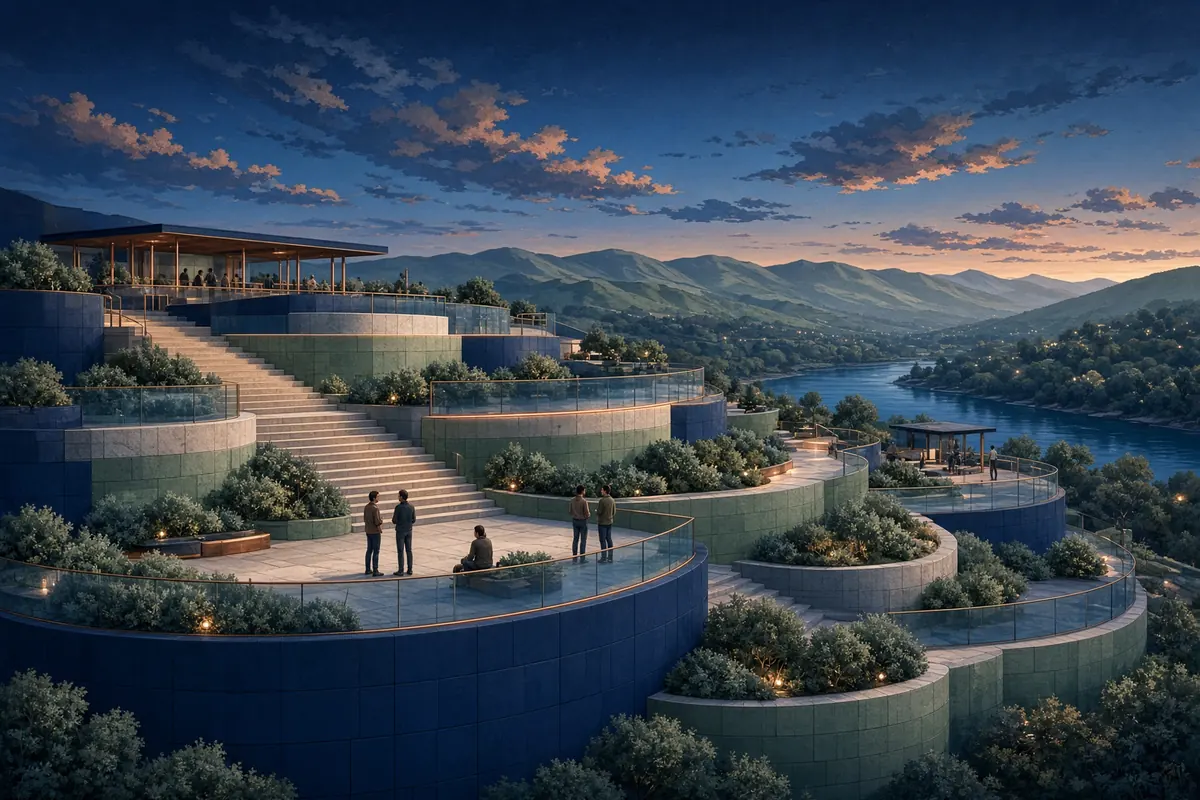 A luminous civic terrace opening toward a calm foothill horizon