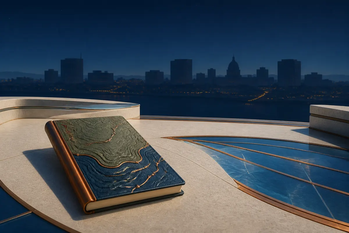 An open fieldbook separated by a clear boundary from distant civic silhouettes