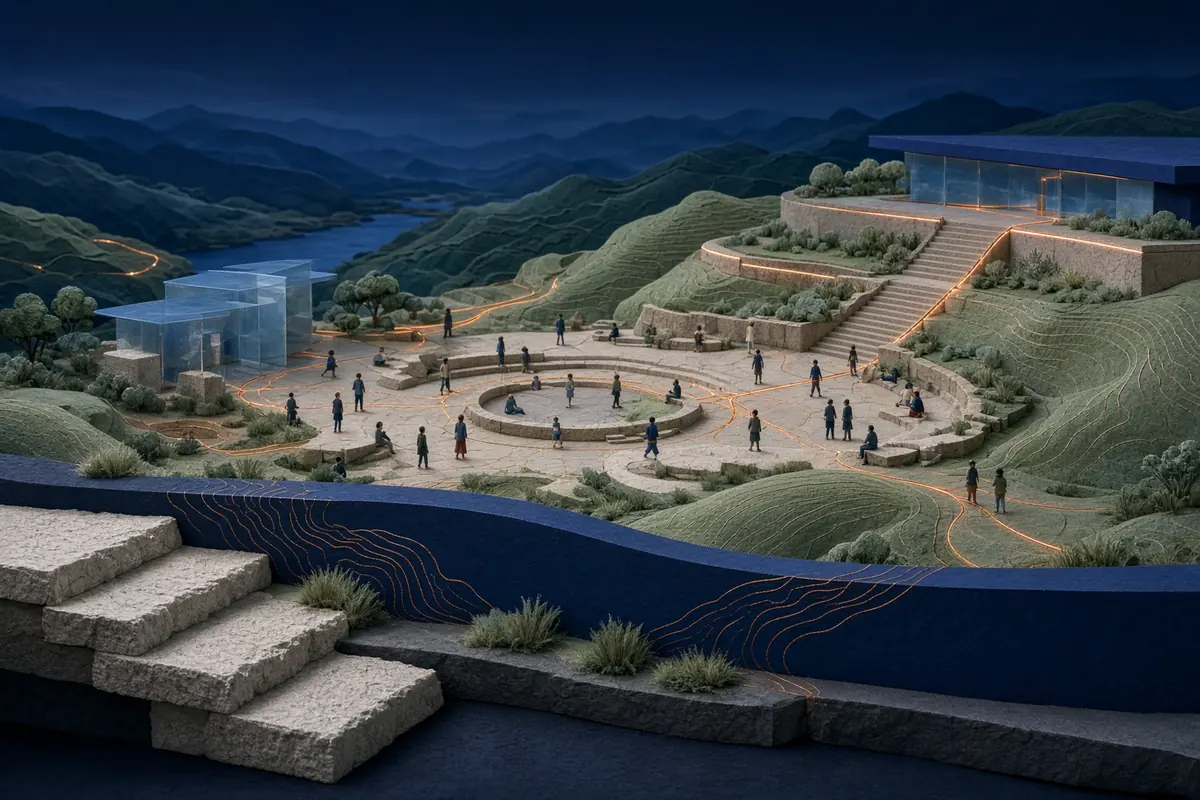 Four equal pathways meeting around a balanced translucent civic terrace