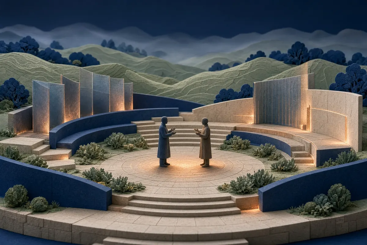 Two listening forms connected by an open copper light arc