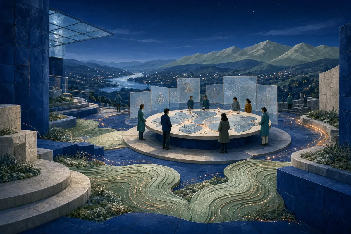 A shared civic place model with one small sage improvement tile