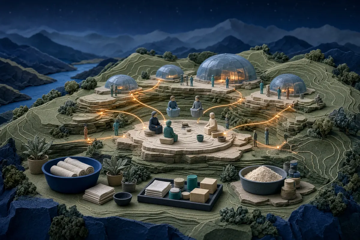 Open household routes crossing sage terrain toward two safe meeting terraces