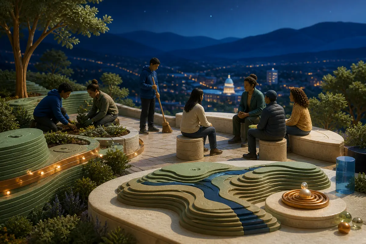 A calm adult-guided youth service project and reflection gathering on a civic terrace