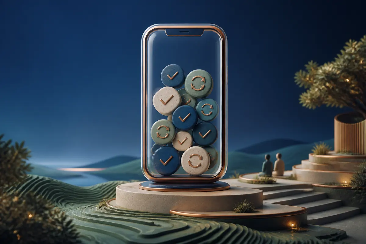 A sealed phone-shaped object surrounded by small practiced and revisit tokens