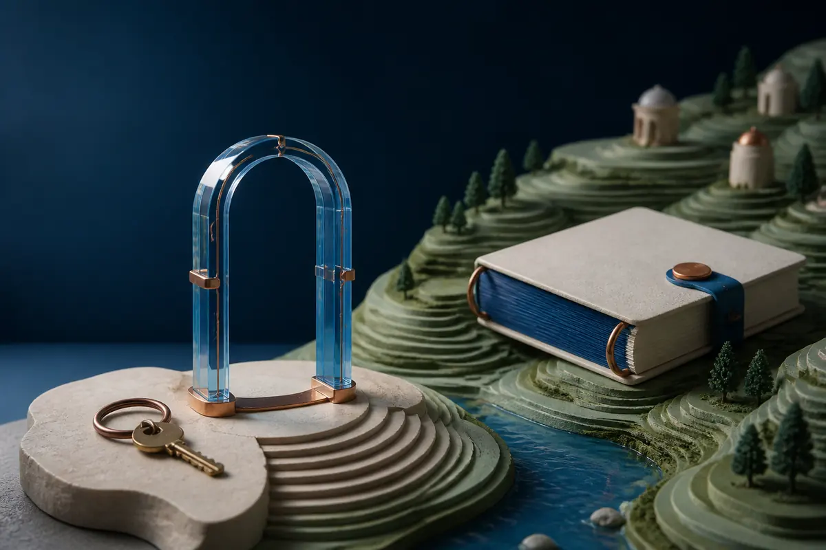 An unused key beside an empty glass login arch and an accessible fieldbook