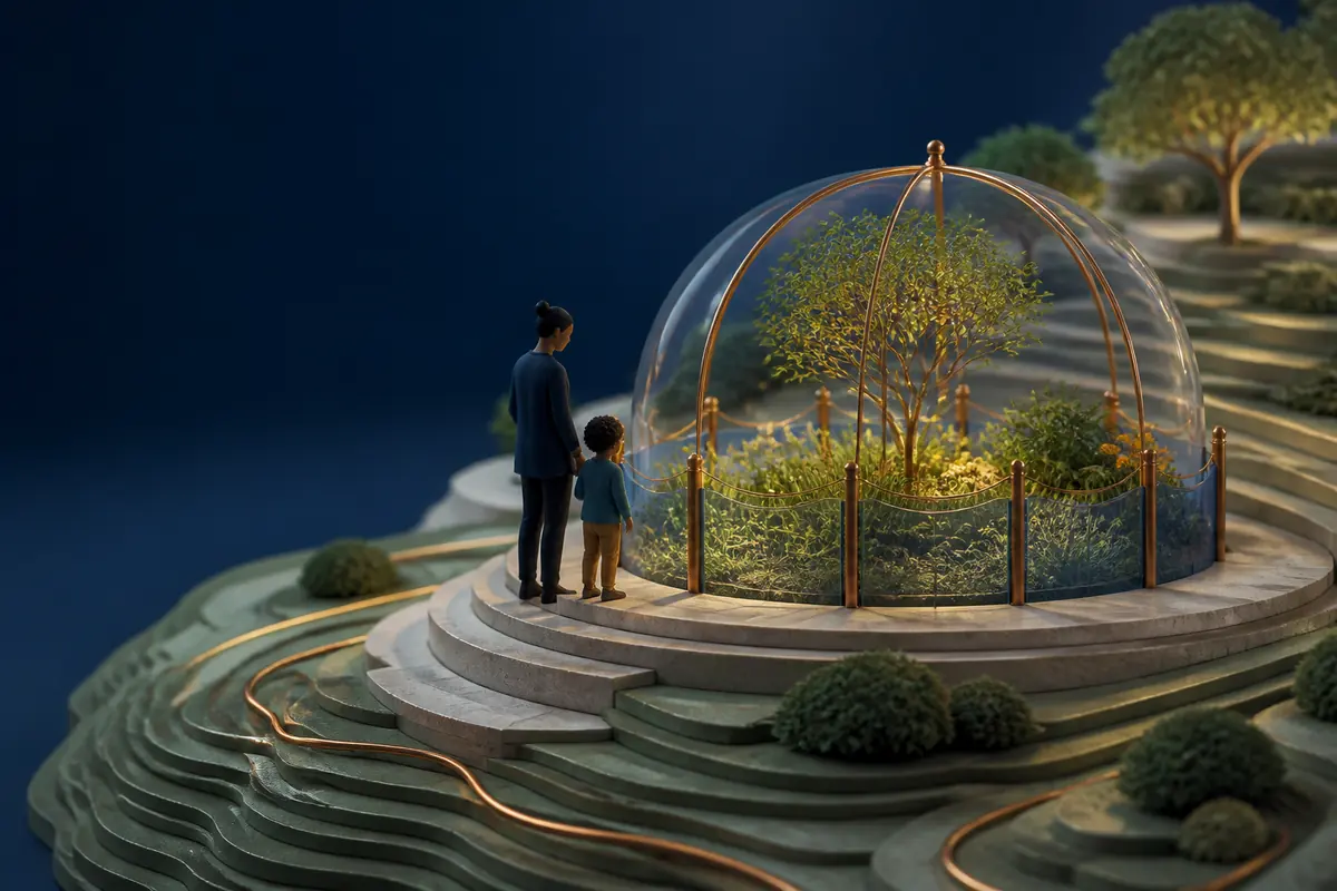 A child and adult standing outside a protected garden enclosure with no data vessels