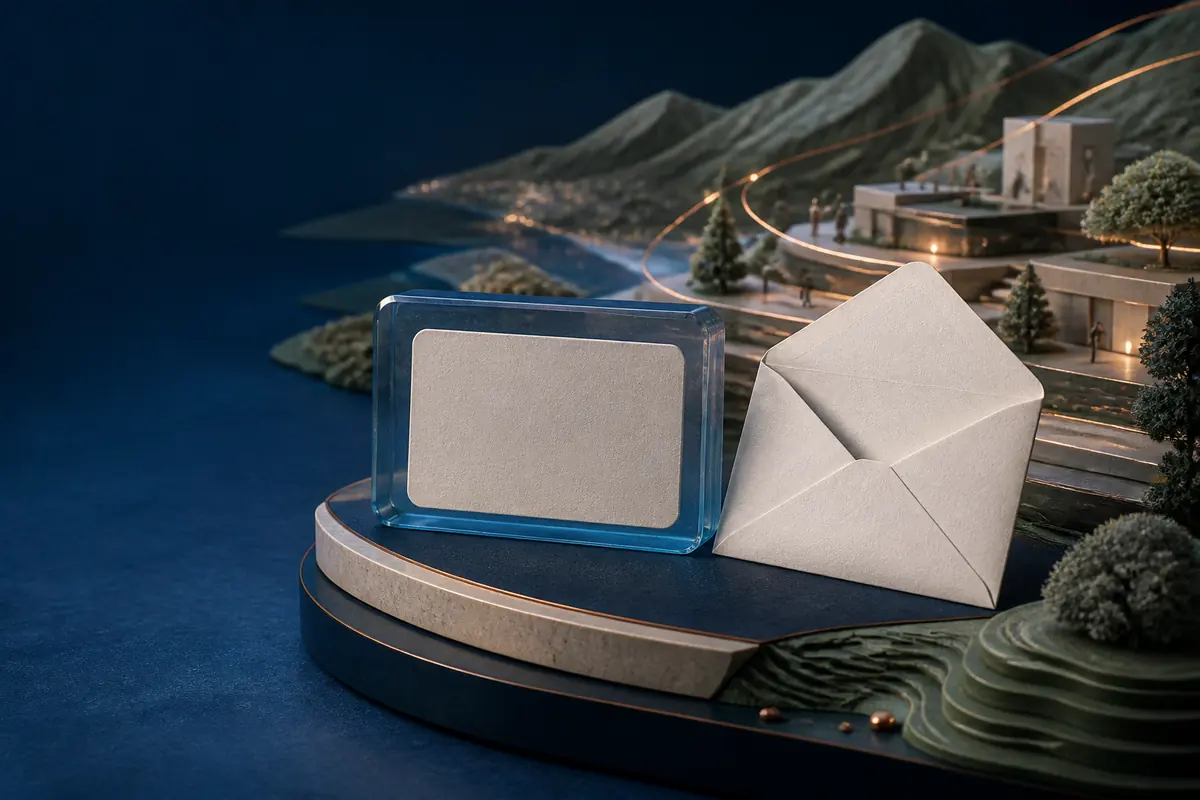 A blank reply envelope beside an intentionally blank contact placeholder